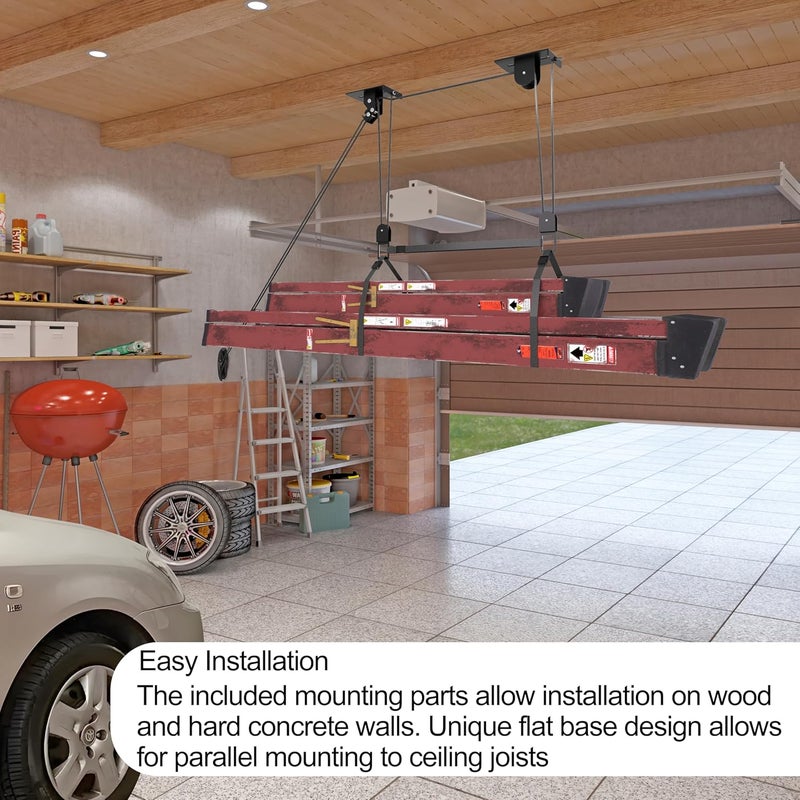 TRUSOON Ladder Storage, Larger Pulley Ladder Hoist, Self Locking Function Ladder Hanger, Garage Ceiling Mount Lift System for Kayak, Cargo Box, Canoe, Bike,Fit 10-14 Foot Ceilings, Hold 150 lbs - Image 2